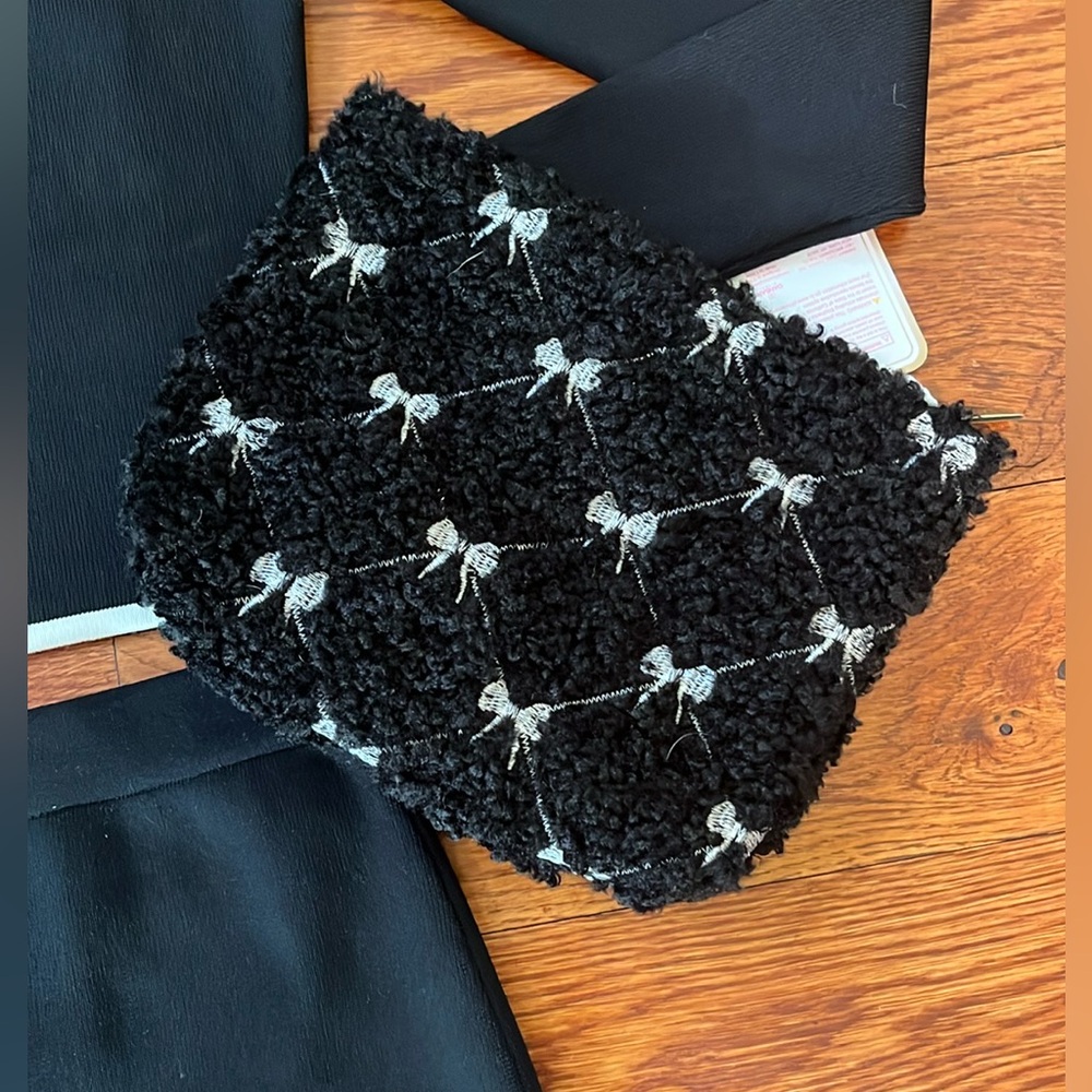 Gloss & Glow Black Textured Fabric Bag/Pouch With Metallic Gray Bow Pattern